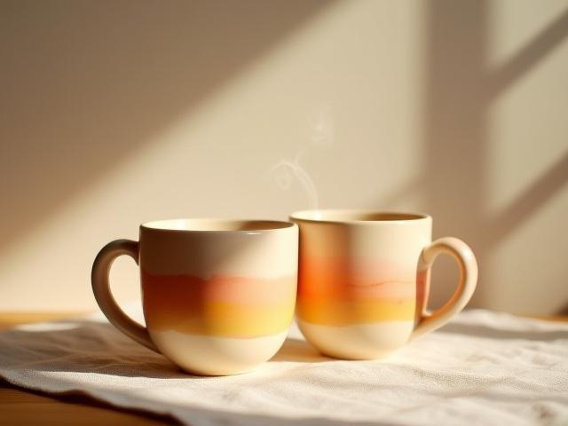 Zwei handbemalte Kaffeetassen mit Morgenröte-Design