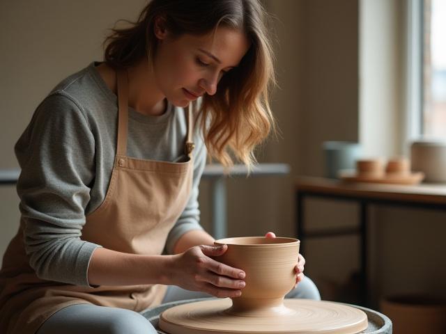 Töpferin arbeitet an einer Töpferscheibe in einem sonnigen Atelier.