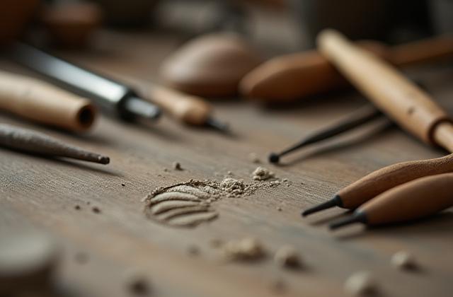 Nahaufnahme von Töpferwerkzeugen auf einem Holztisch mit Tonresten