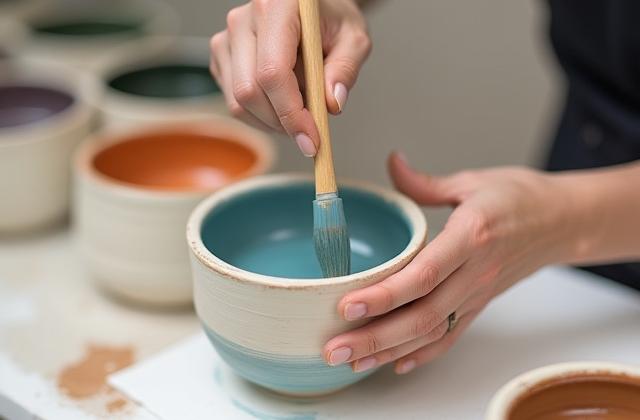 Töpferin beim Glasieren eines Keramikgefäßes an einem Arbeitstisch