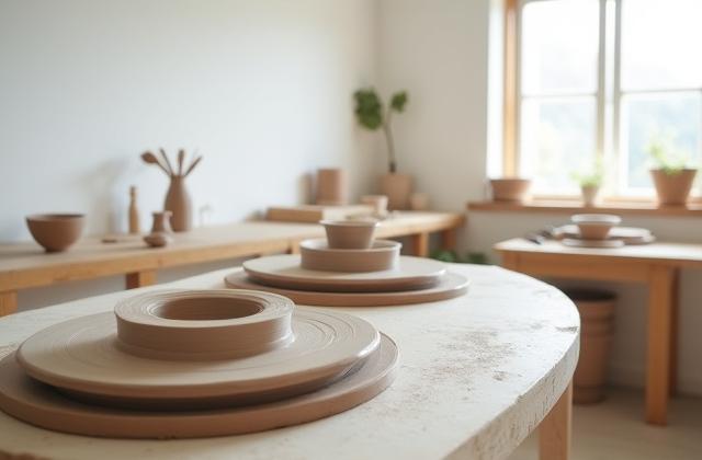 Töpferscheiben im Atelier, bereit für die Arbeit